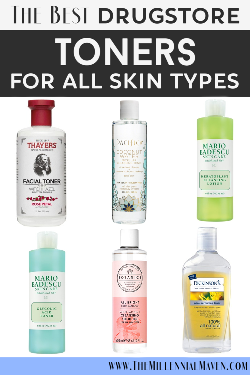 The best drugstore toners in 2019 for all skin types. These are the best drugstore toners for oily skin, acne prone skin, sensitive skin, and dry skin!